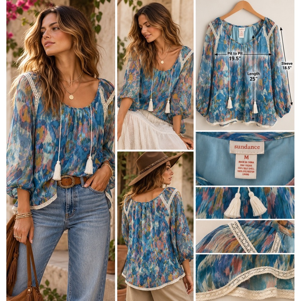 Sundance Silk Boho Blouse M Blue Ikat Print Tassel Lace Peasant Top Festival
